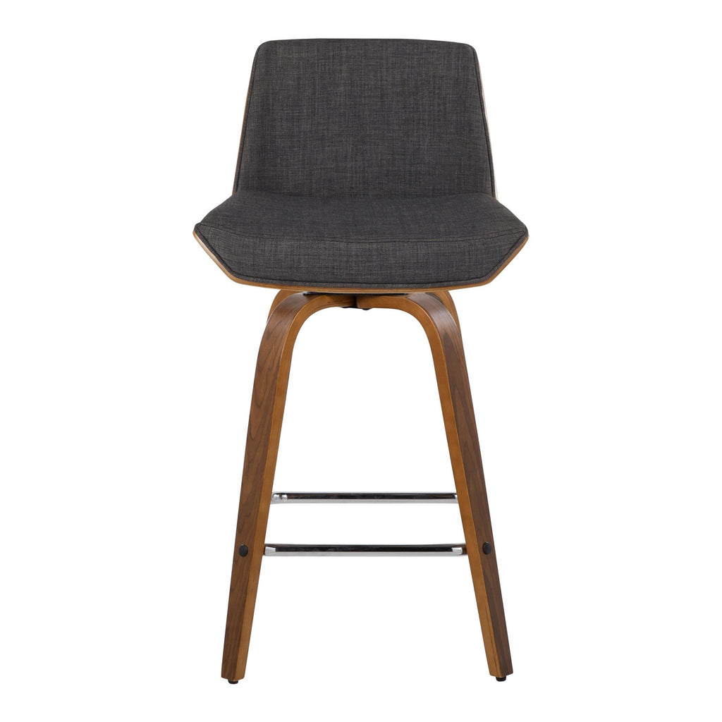 Corazza 26" Fixed-Height Counter Stool - Set of 2 - Walnut Wood, Charcoal Fabric, Chrome Metal