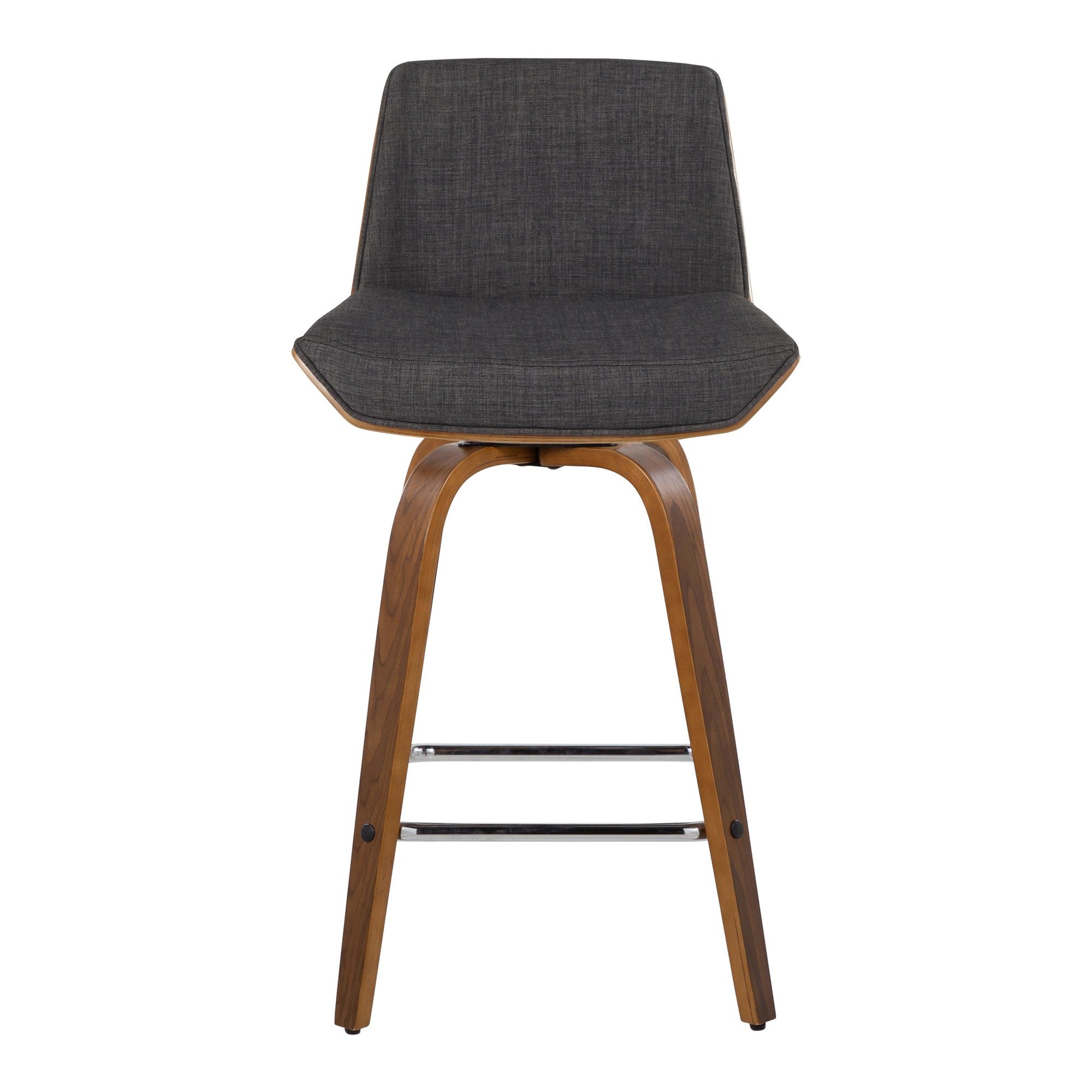 Corazza 26" Fixed-Height Counter Stool - Set of 2 - Walnut Wood, Charcoal Fabric, Chrome Metal