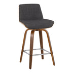 Corazza 26" Fixed-Height Counter Stool - Set of 2 - Walnut Wood, Charcoal Fabric, Chrome Metal