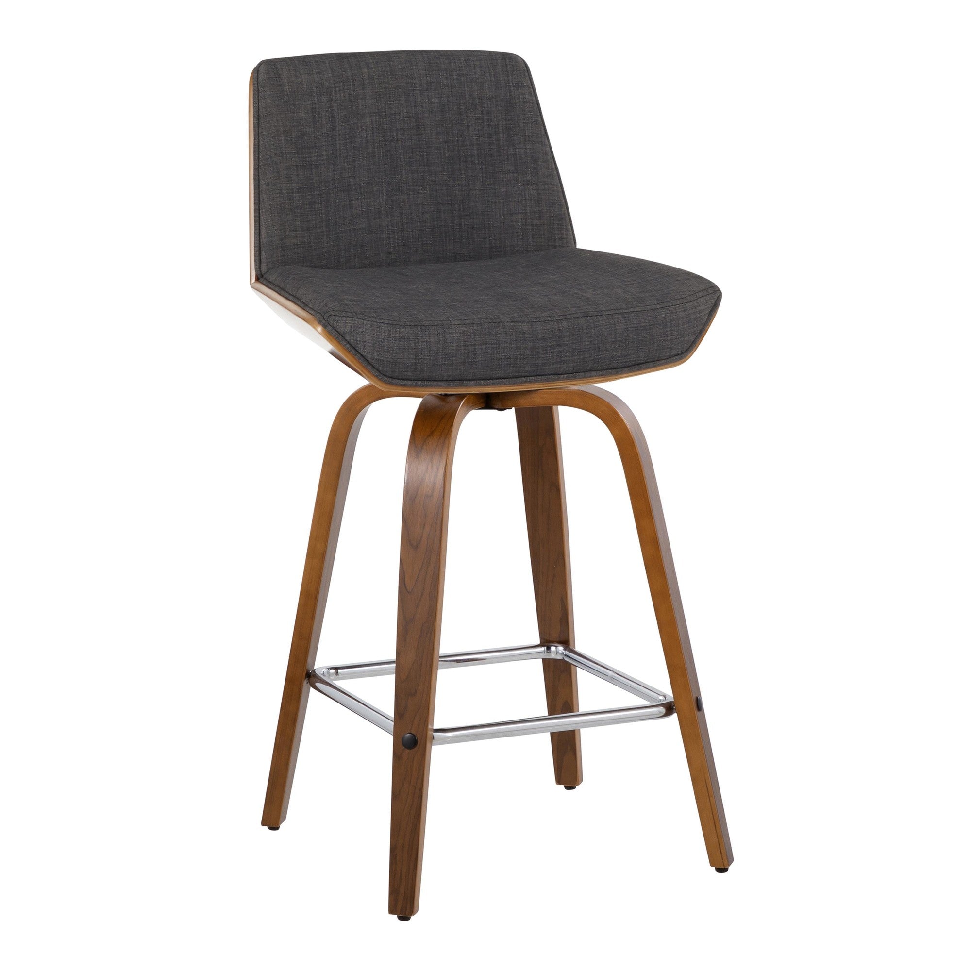 Corazza 26" Fixed-Height Counter Stool - Set of 2 - Walnut Wood, Charcoal Fabric, Chrome Metal