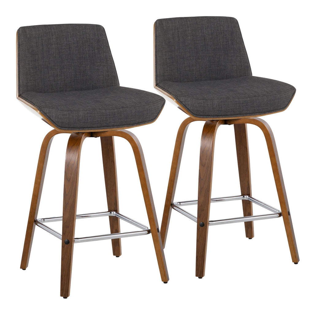 Corazza 26" Fixed-Height Counter Stool - Set of 2 - Walnut Wood, Charcoal Fabric, Chrome Metal