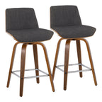 Corazza 26" Fixed-Height Counter Stool - Set of 2 - Walnut Wood, Charcoal Fabric, Chrome Metal