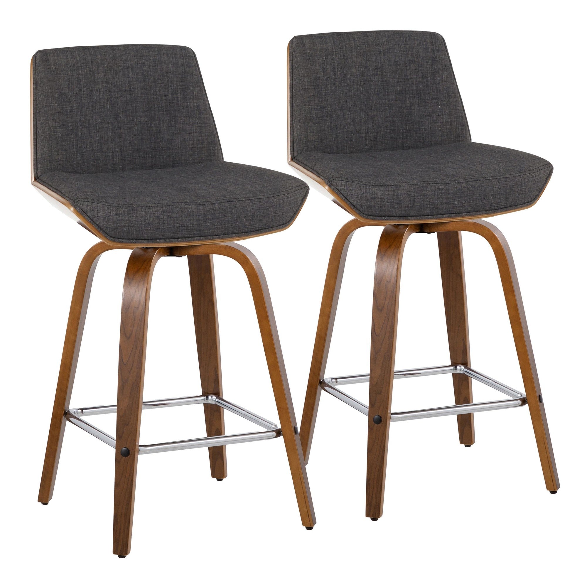 Corazza 26" Fixed-Height Counter Stool - Set of 2 - Walnut Wood, Charcoal Fabric, Chrome Metal