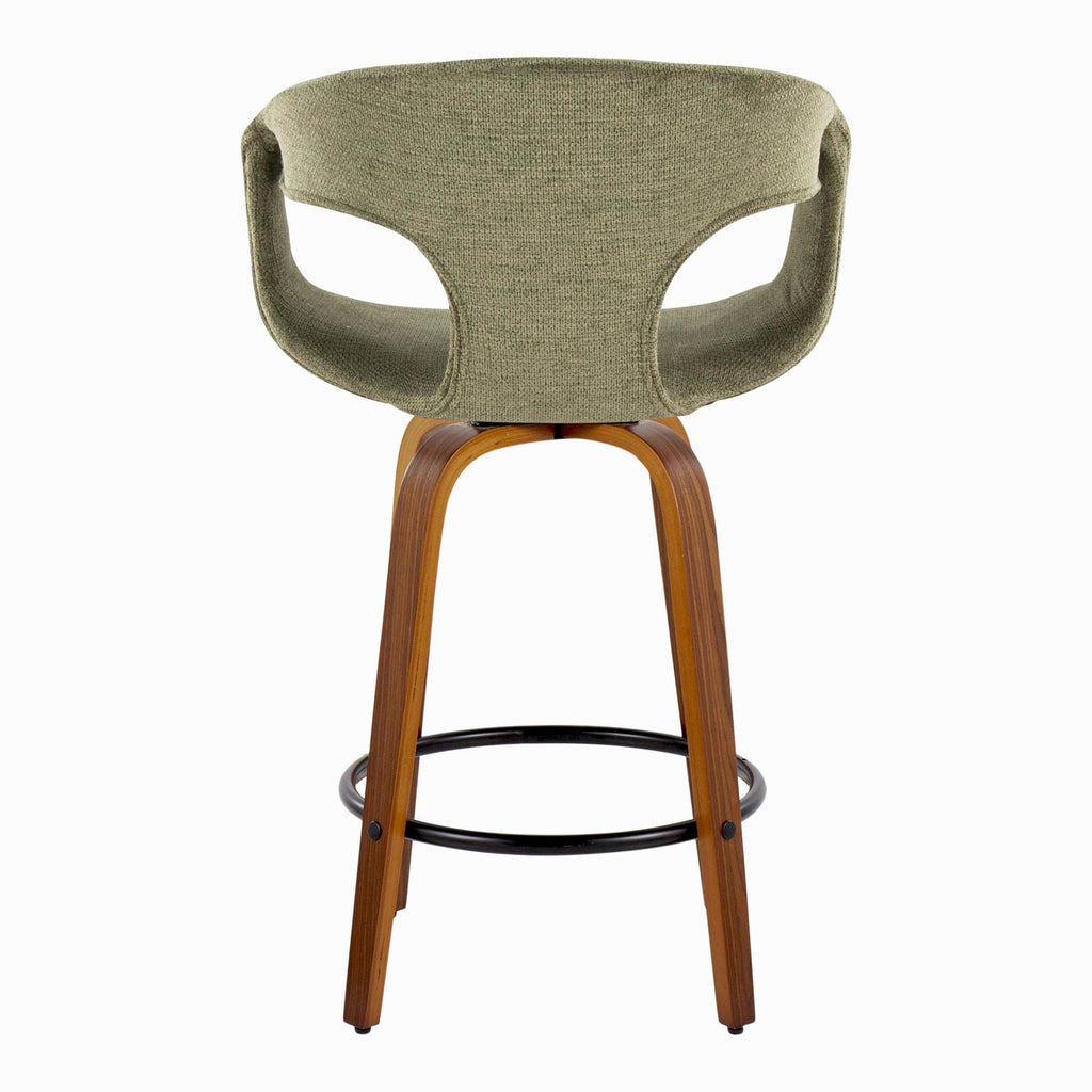 Curva 26" Fixed-Height Counter Stool - Set of 2 - Walnut Wood, Green Fabric, Black Metal