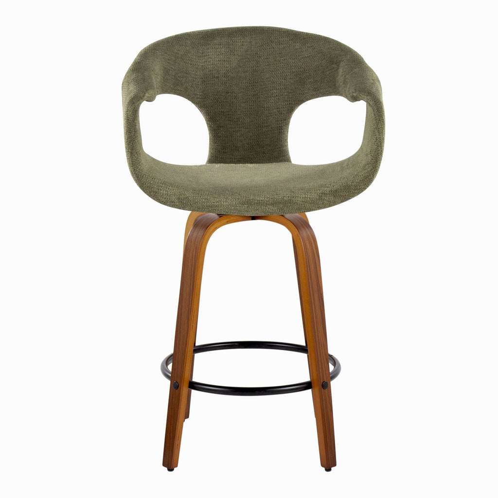 Curva 26" Fixed-Height Counter Stool - Set of 2 - Walnut Wood, Green Fabric, Black Metal