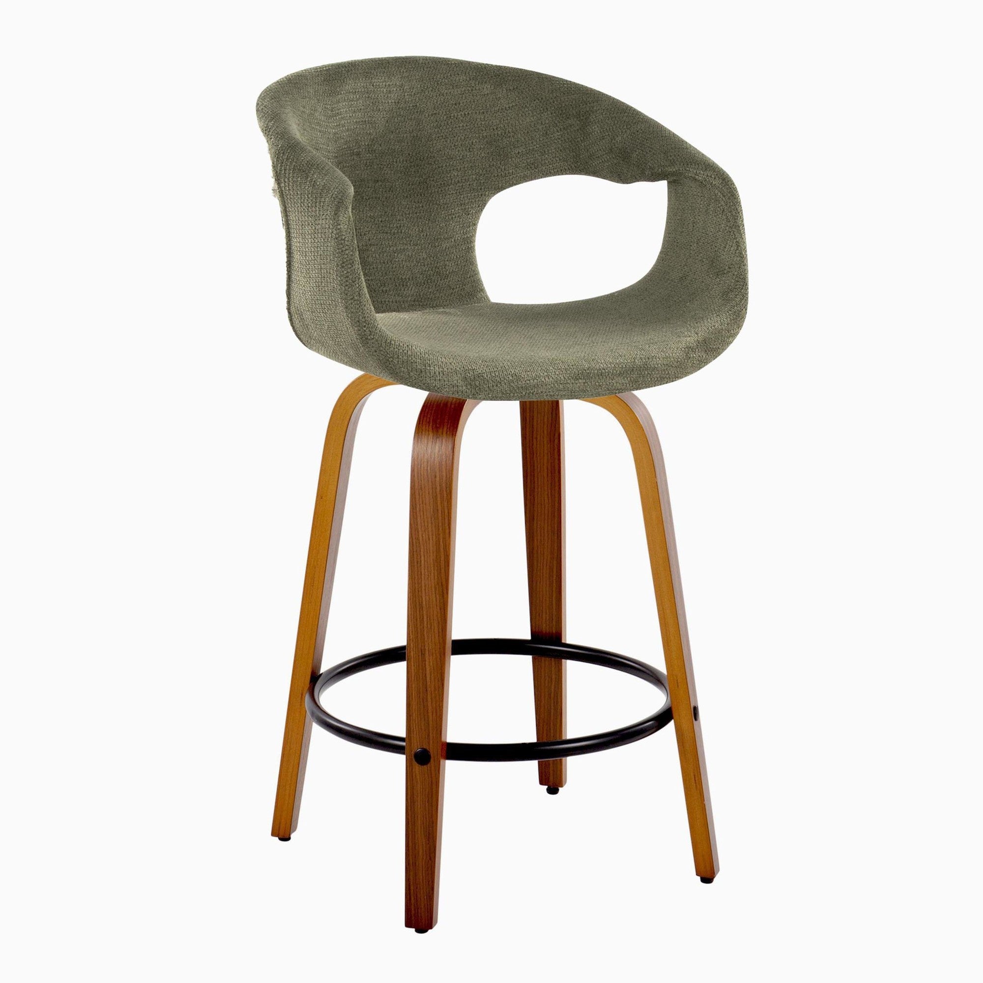 Curva 26" Fixed-Height Counter Stool - Set of 2 - Walnut Wood, Green Fabric, Black Metal
