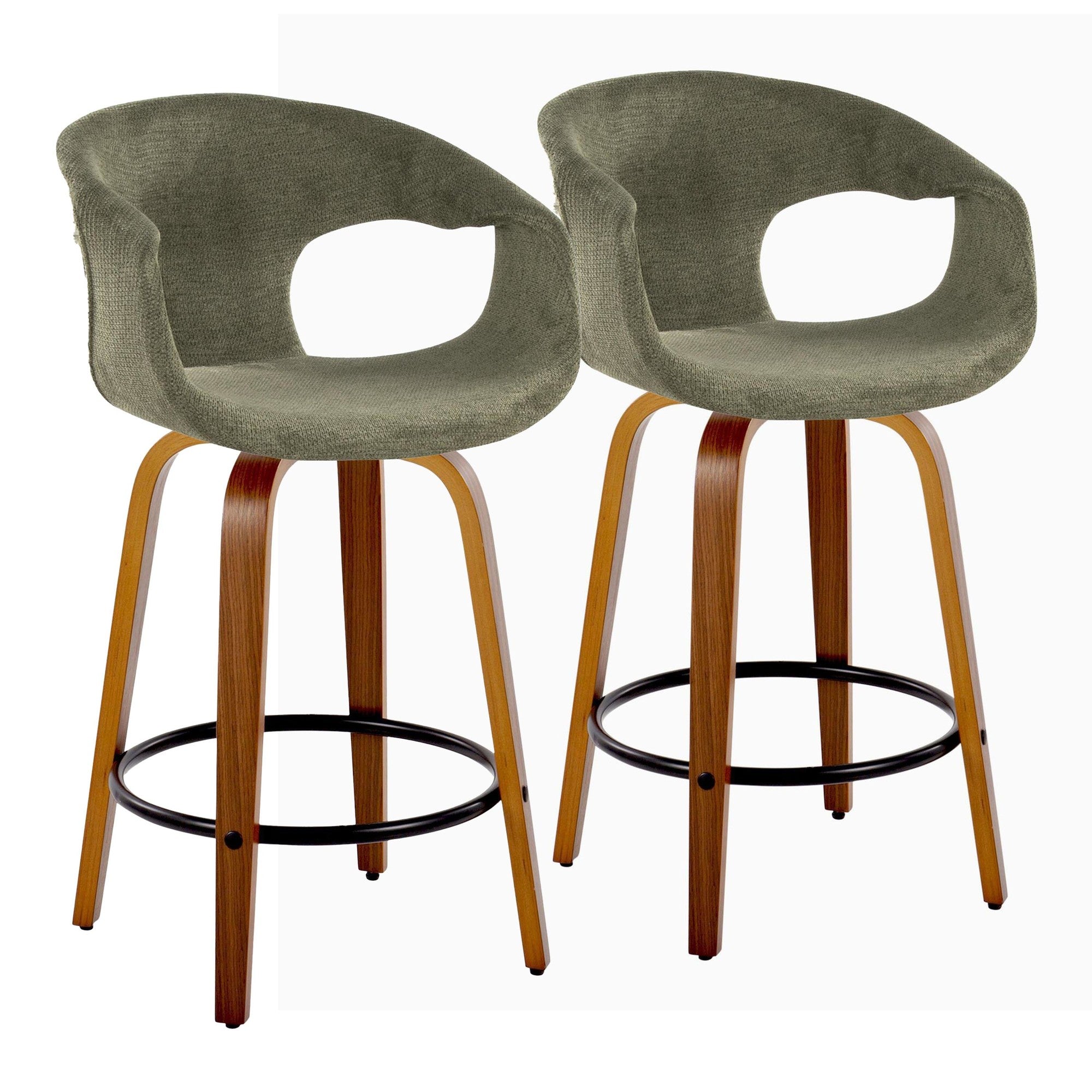 Curva 26" Fixed-Height Counter Stool - Set of 2 - Walnut Wood, Green Fabric, Black Metal