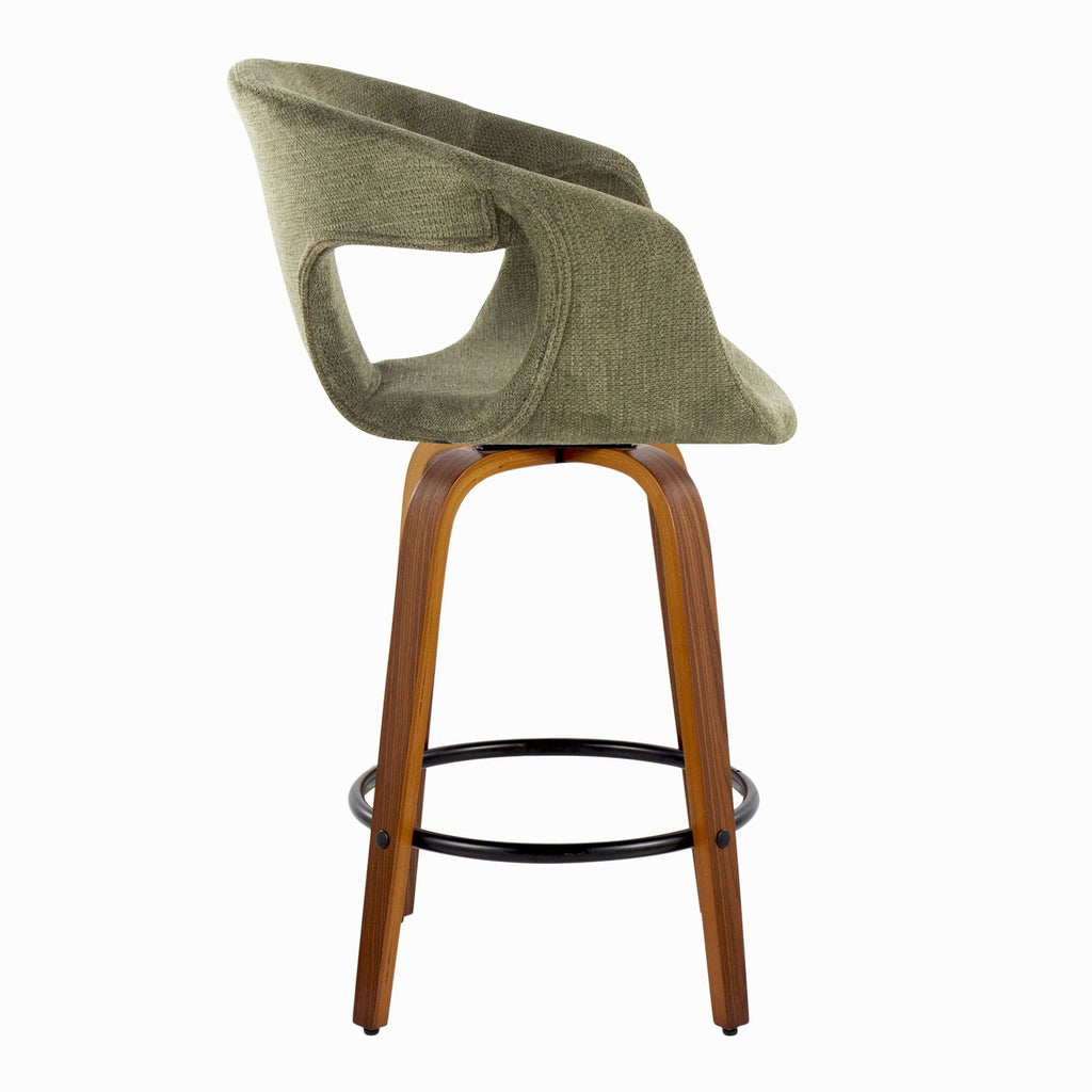 Curva 26" Fixed-Height Counter Stool - Set of 2 - Walnut Wood, Green Fabric, Black Metal