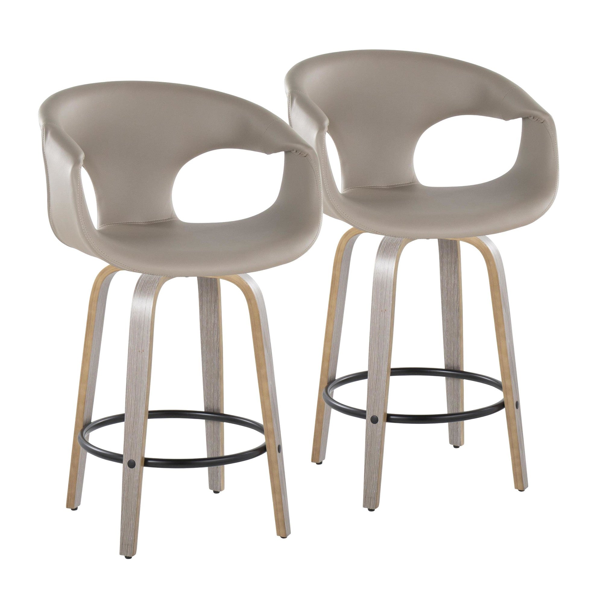 Curva 26" Fixed-Height Counter Stool - Set of 2 - Light Grey Wood, Light Grey PU, Black Metal