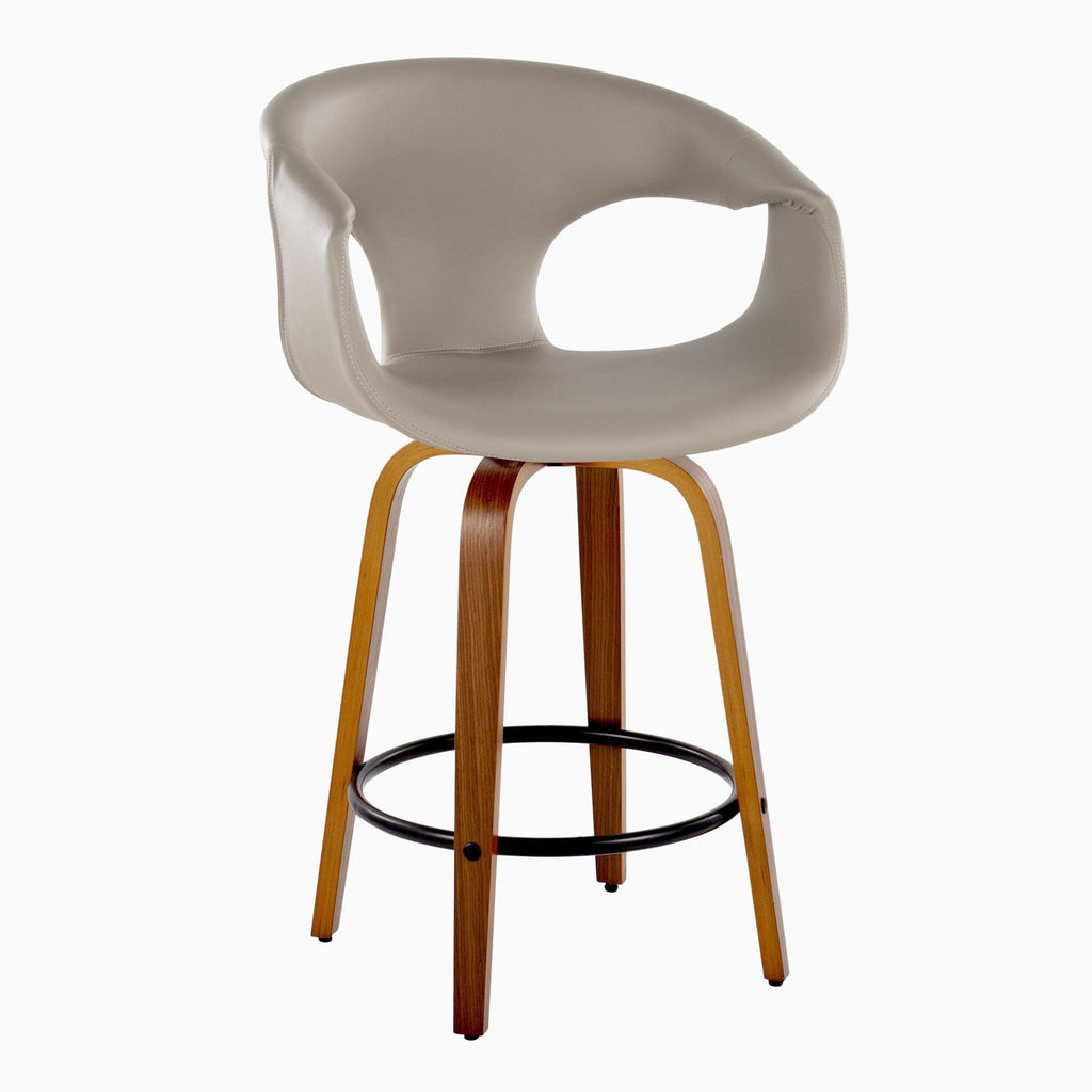 Curva 26" Fixed-Height Counter Stool - Set of 2 - Walnut Wood, Light Grey PU, Black Metal