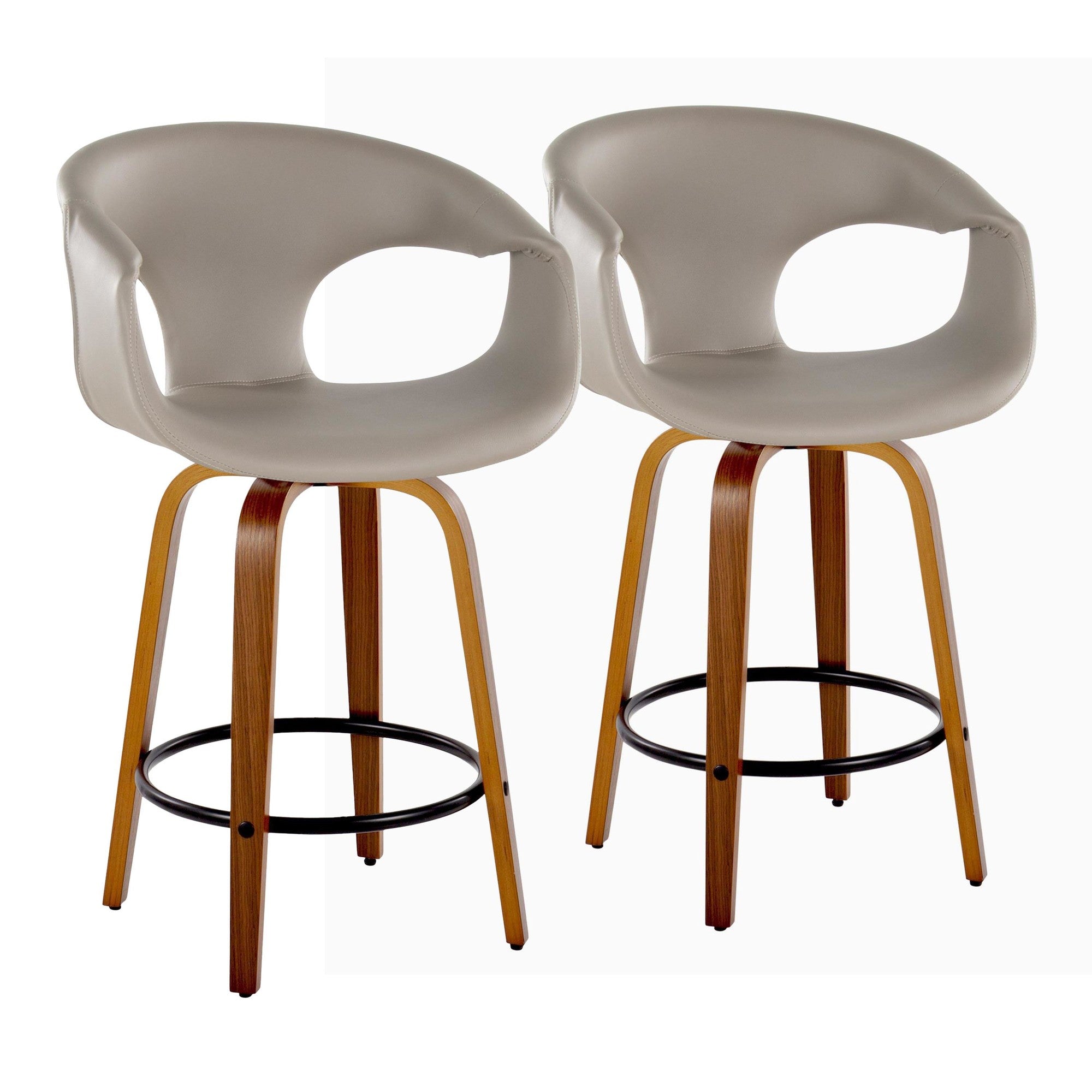 Curva 26" Fixed-Height Counter Stool - Set of 2 - Walnut Wood, Light Grey PU, Black Metal