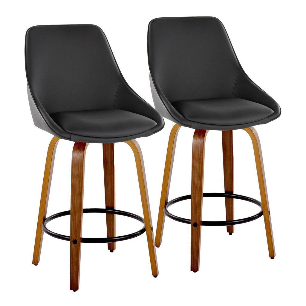 Diana 26" Fixed-Height Counter Stool - Set of 2 - Walnut Wood, Black PU, Black Metal