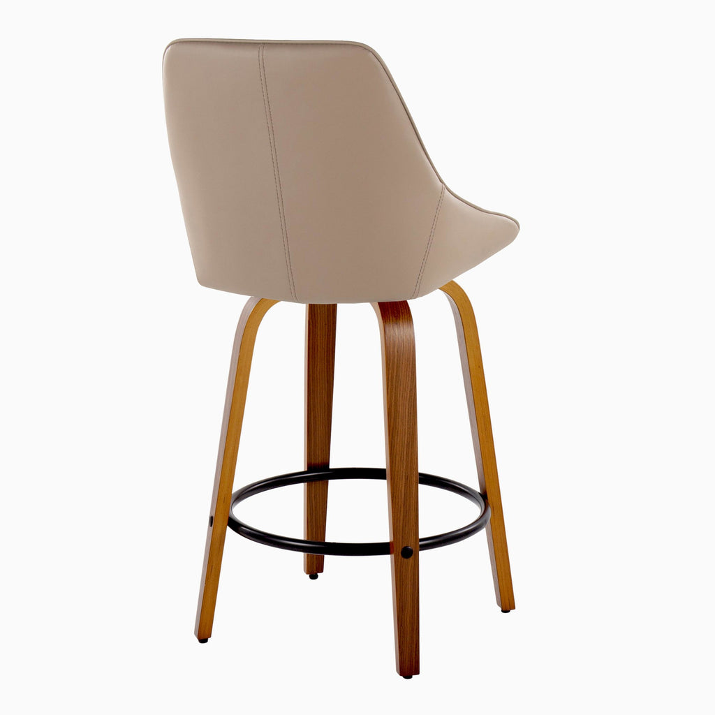 Diana 26" Fixed-Height Counter Stool - Set of 2 - Walnut Wood, Brown PU, Black Metal
