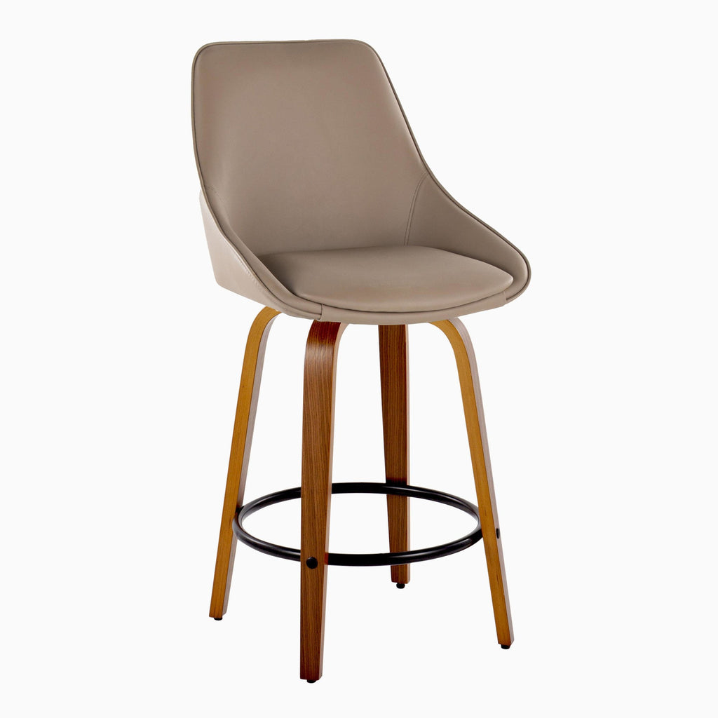 Diana 26" Fixed-Height Counter Stool - Set of 2 - Walnut Wood, Brown PU, Black Metal