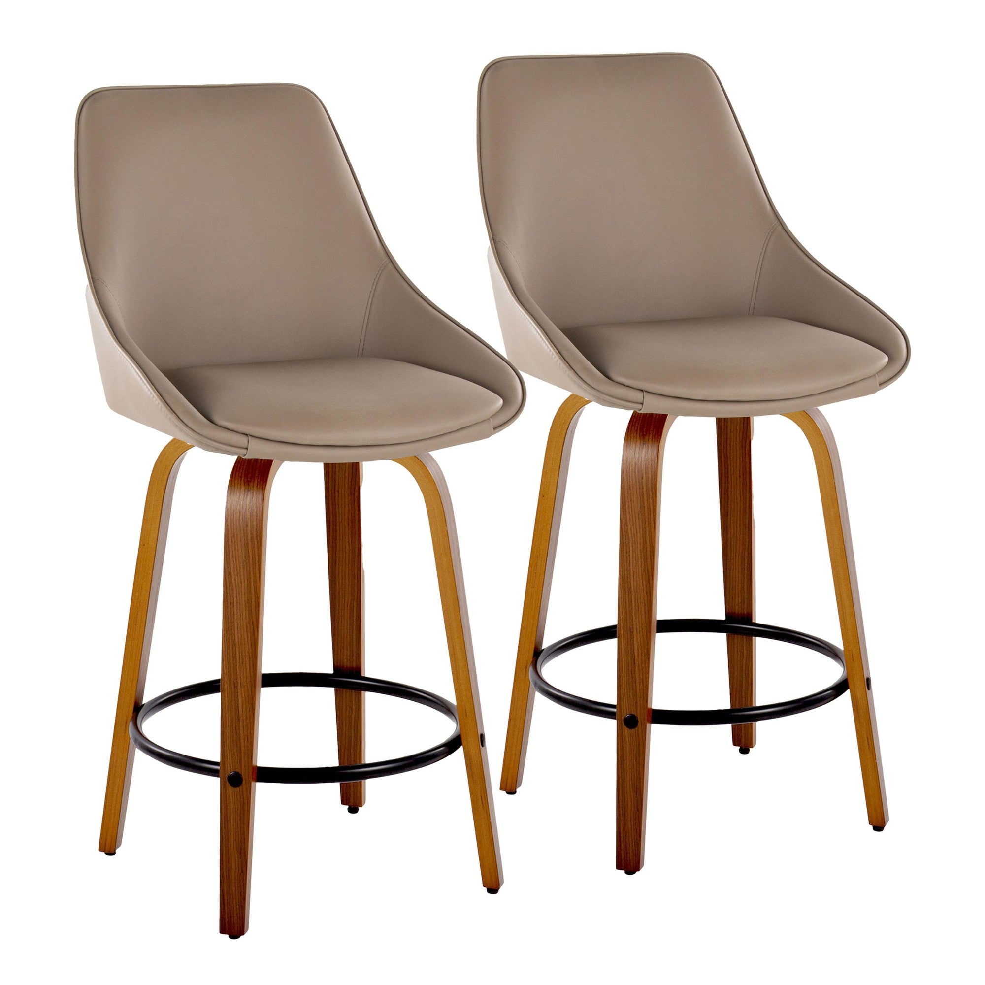 Diana 26" Fixed-Height Counter Stool - Set of 2 - Walnut Wood, Brown PU, Black Metal