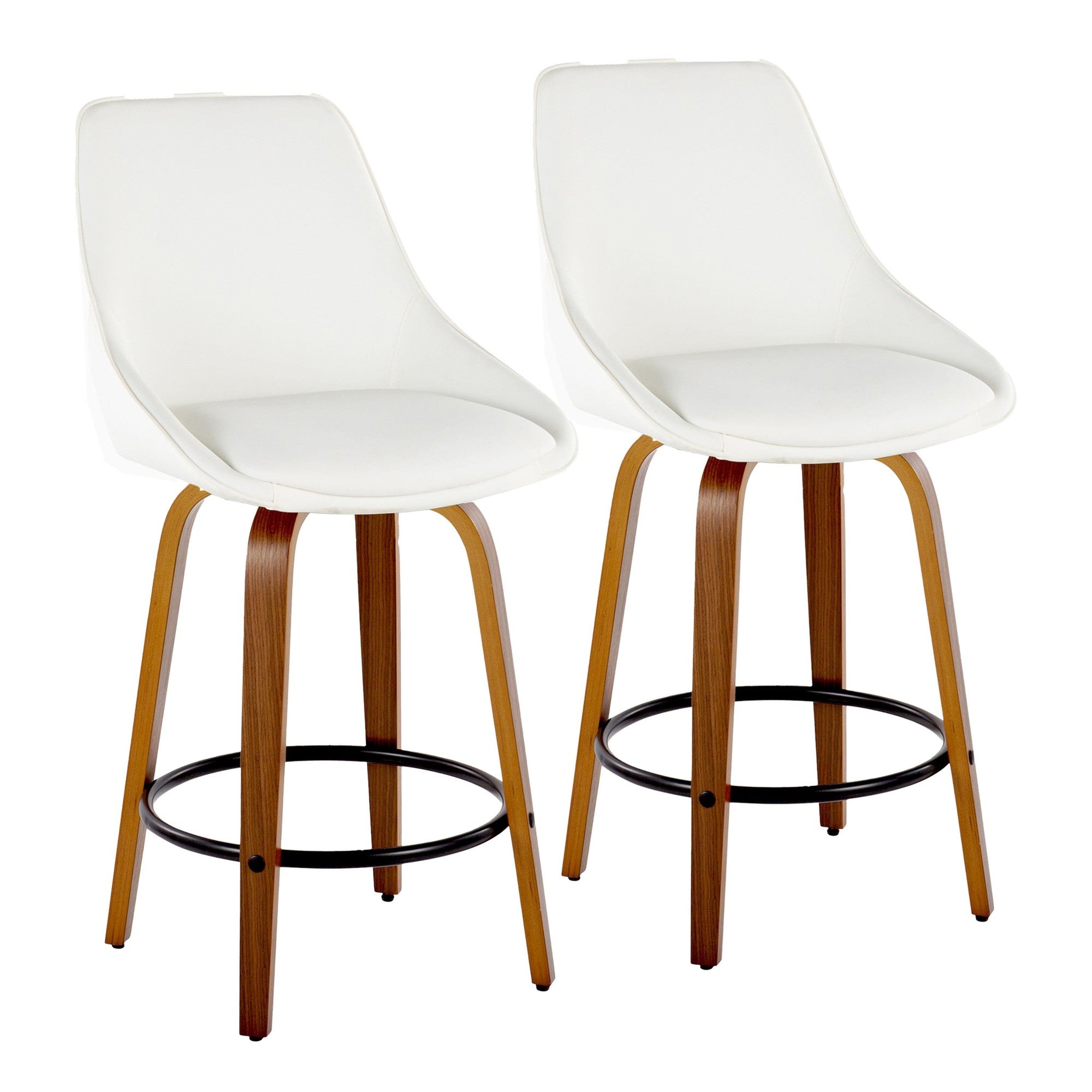 Diana 26" Fixed-Height Counter Stool - Set of 2 - Walnut Wood, White PU, Black Metal