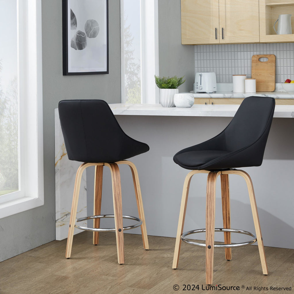 Diana 26" Fixed-Height Counter Stool - Set of 2 - Zebra Wood, Black PU, Chrome Metal