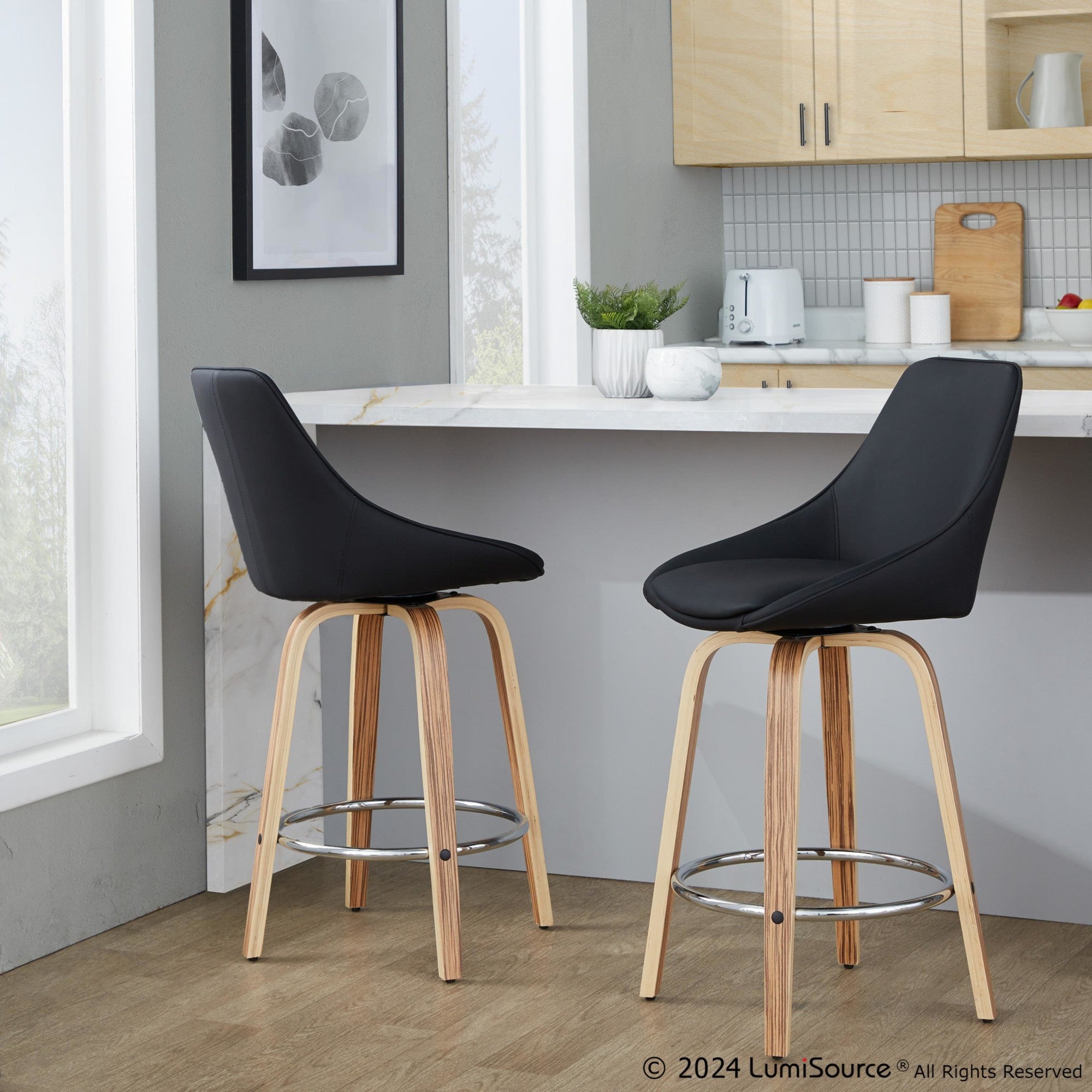 Diana 26" Fixed-Height Counter Stool - Set of 2 - Zebra Wood, Black PU, Chrome Metal