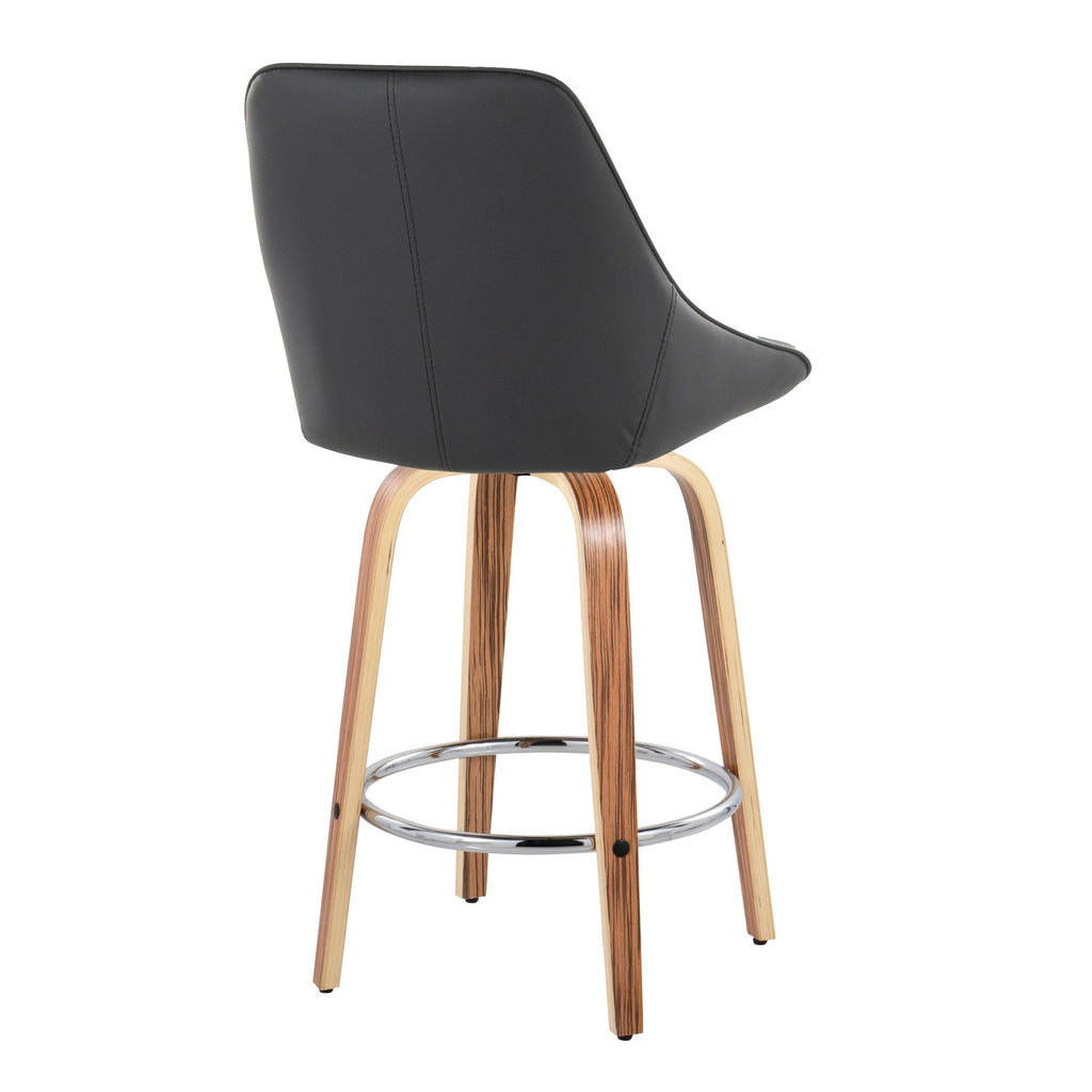 Diana 26" Fixed-Height Counter Stool - Set of 2 - Zebra Wood, Black PU, Chrome Metal