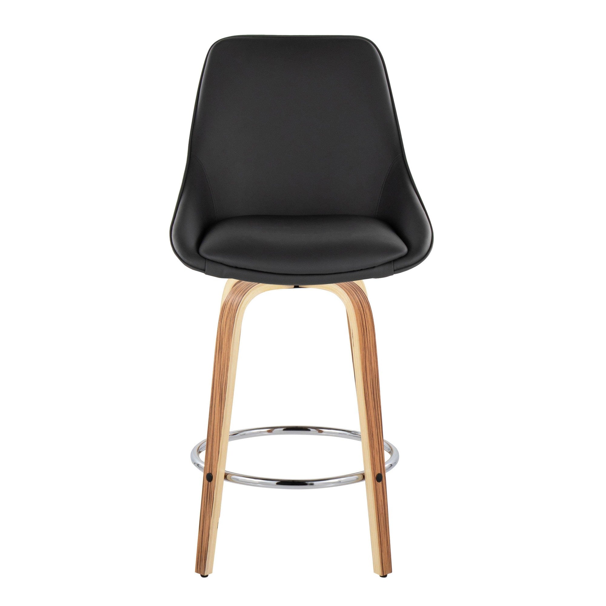 Diana 26" Fixed-Height Counter Stool - Set of 2 - Zebra Wood, Black PU, Chrome Metal