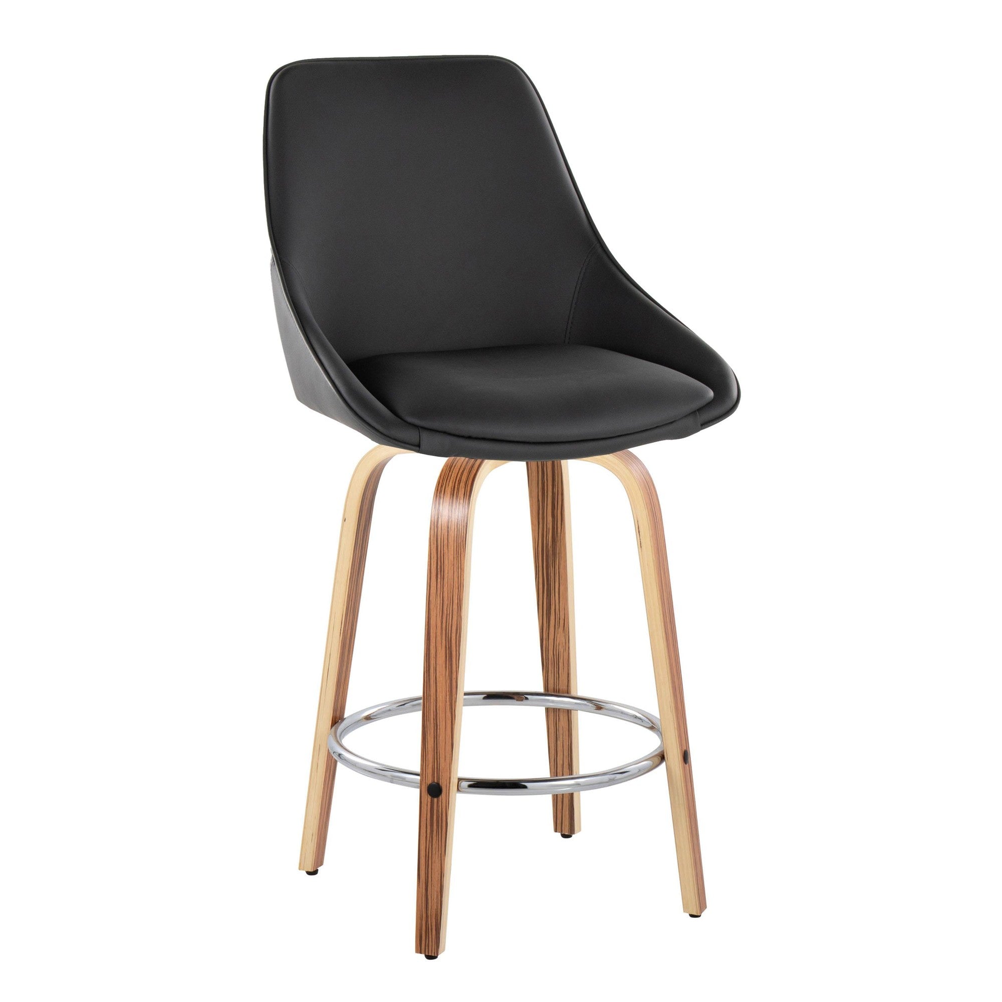 Diana 26" Fixed-Height Counter Stool - Set of 2 - Zebra Wood, Black PU, Chrome Metal