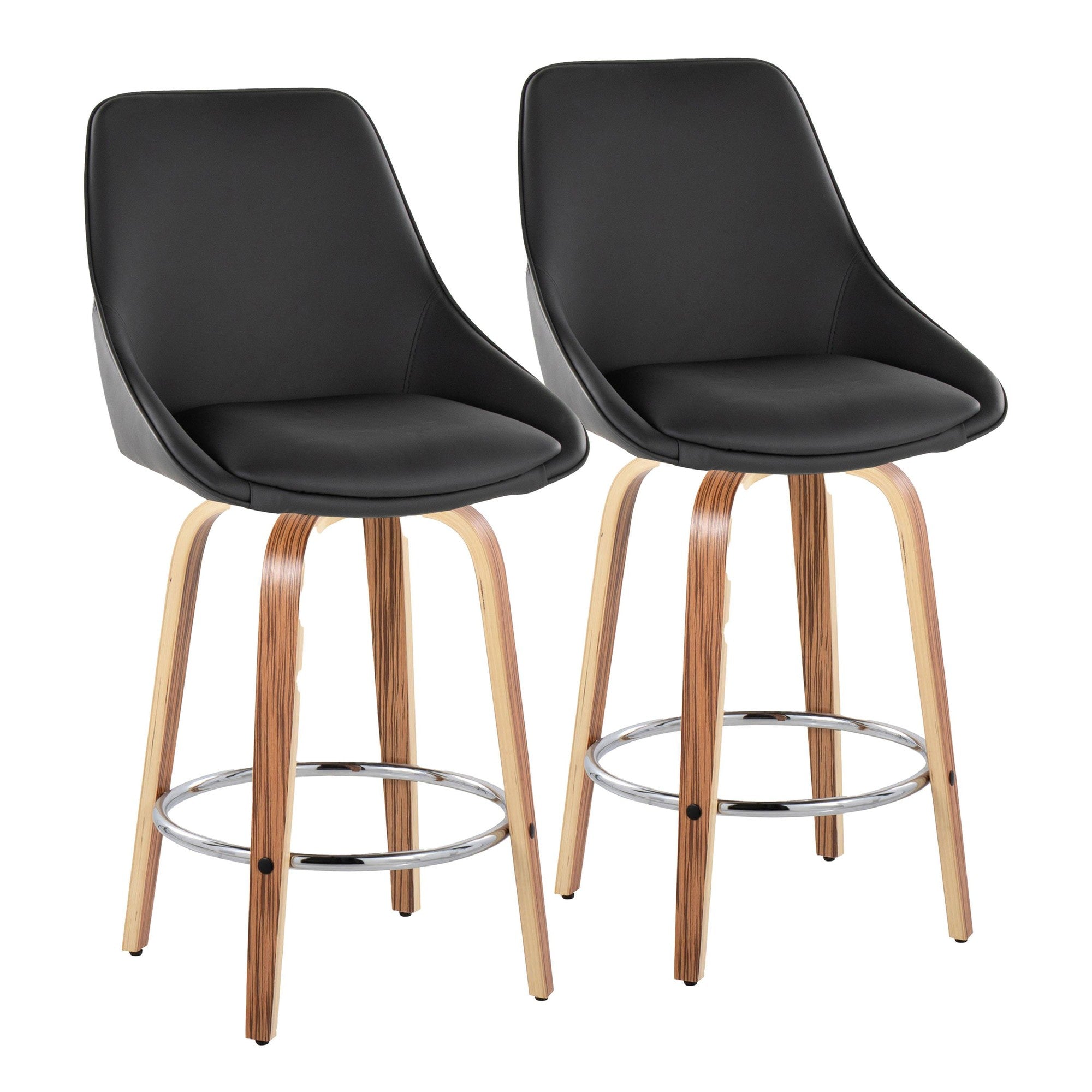 Diana 26" Fixed-Height Counter Stool - Set of 2 - Zebra Wood, Black PU, Chrome Metal