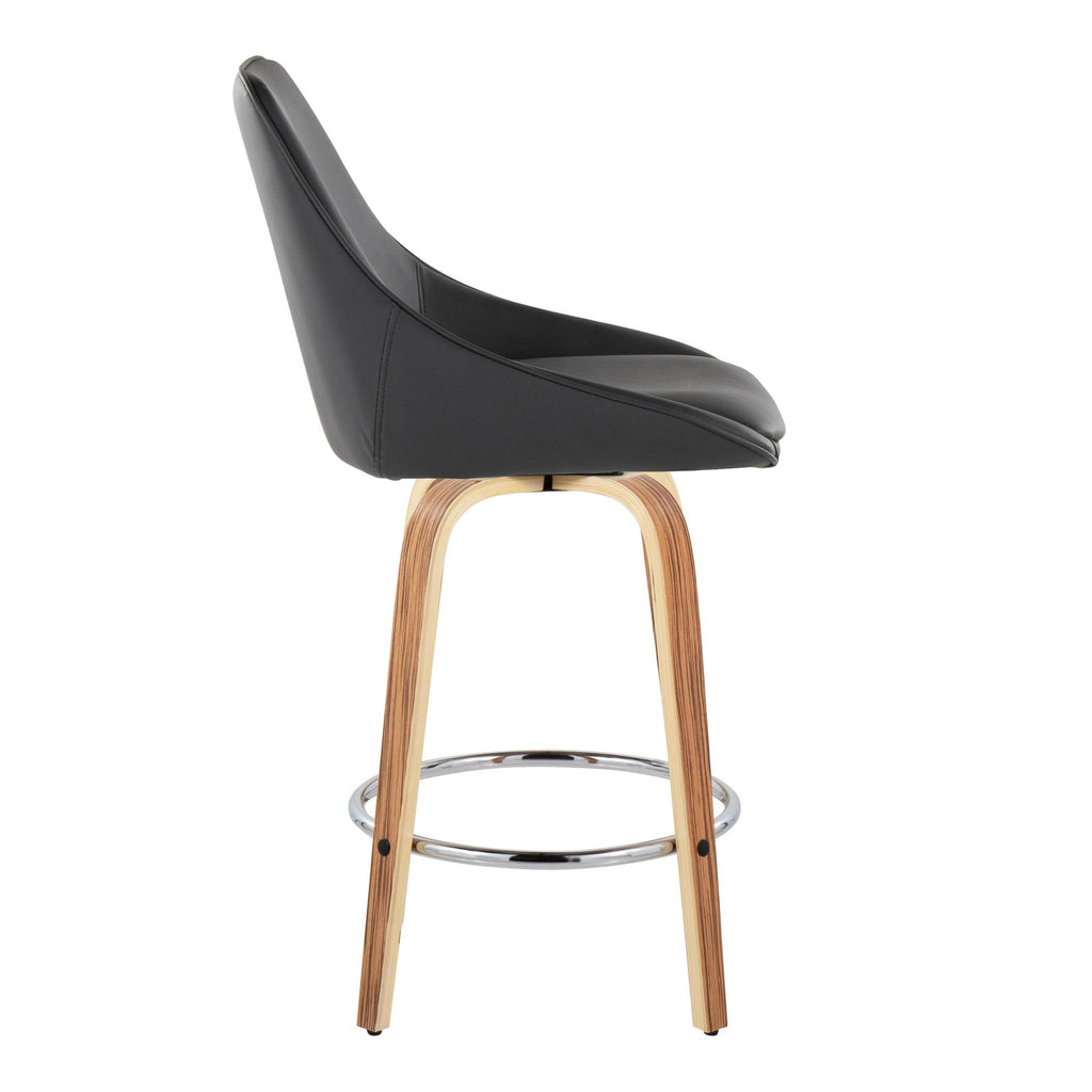 Diana 26" Fixed-Height Counter Stool - Set of 2 - Zebra Wood, Black PU, Chrome Metal