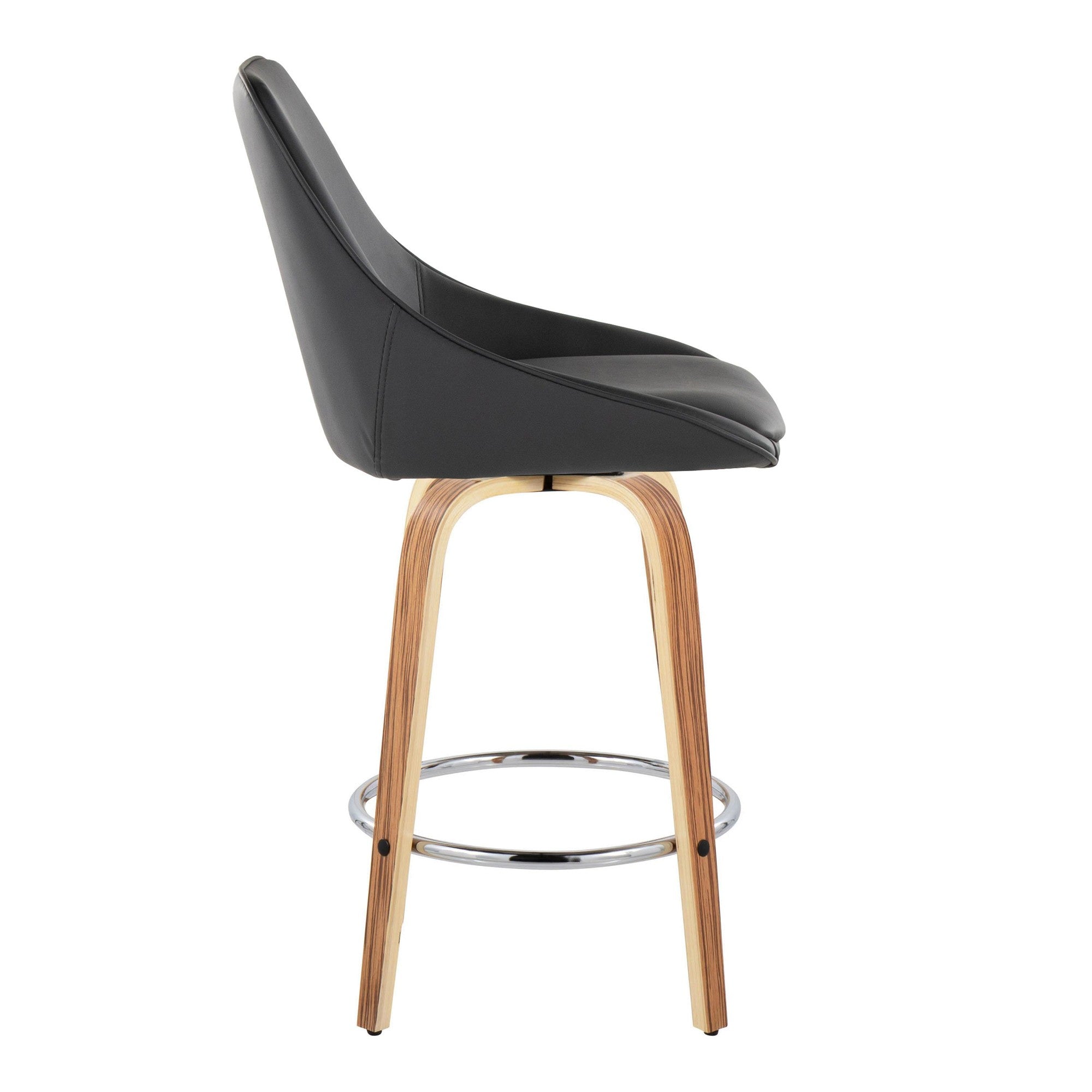 Diana 26" Fixed-Height Counter Stool - Set of 2 - Zebra Wood, Black PU, Chrome Metal