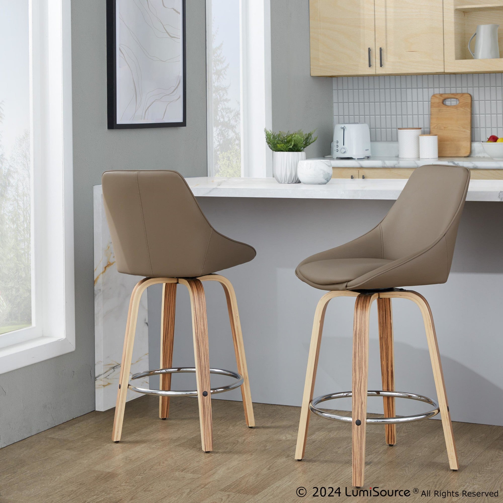 Diana 26" Fixed-Height Counter Stool - Set of 2 - Zebra Wood, Brown PU, Chrome Metal