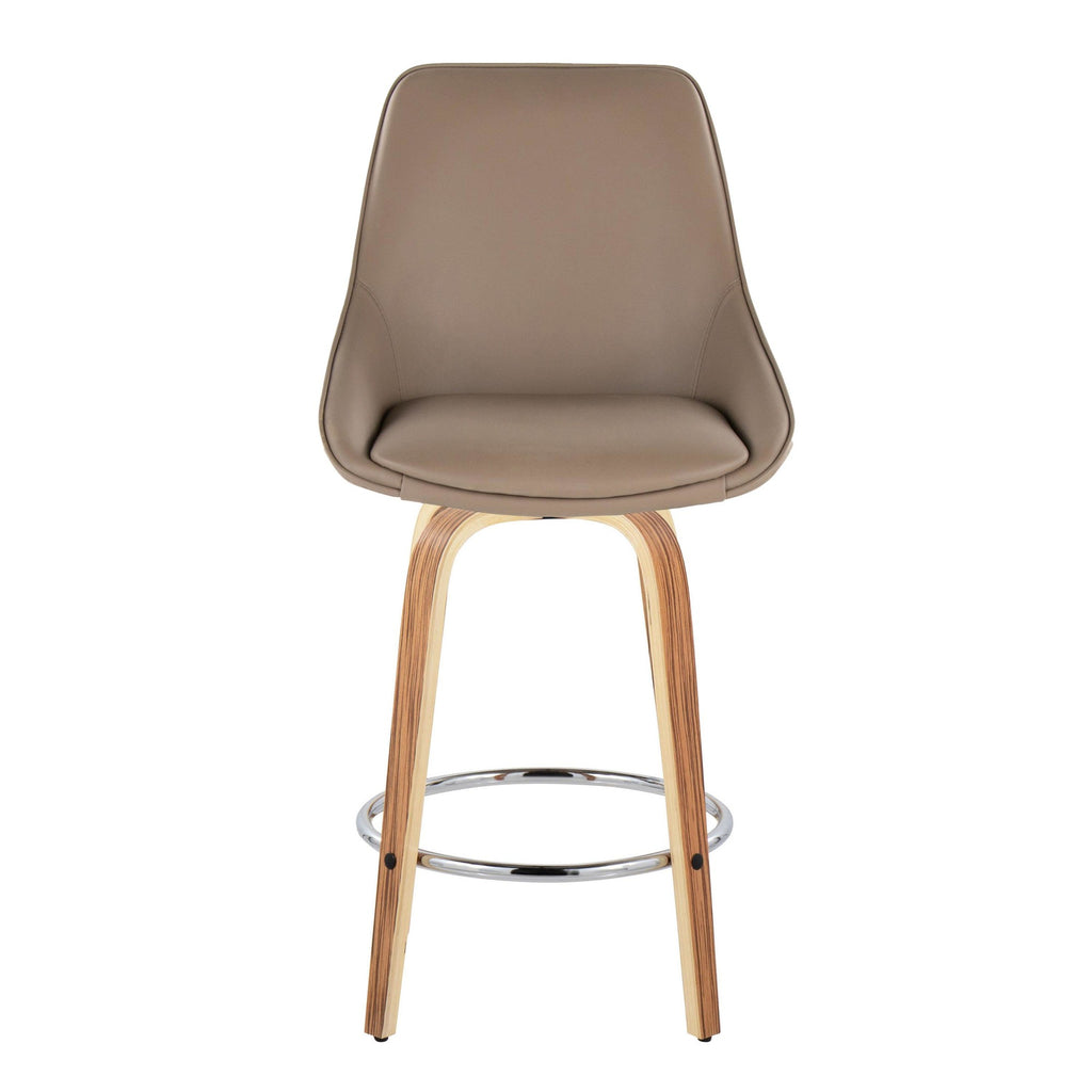 Diana 26" Fixed-Height Counter Stool - Set of 2 - Zebra Wood, Brown PU, Chrome Metal