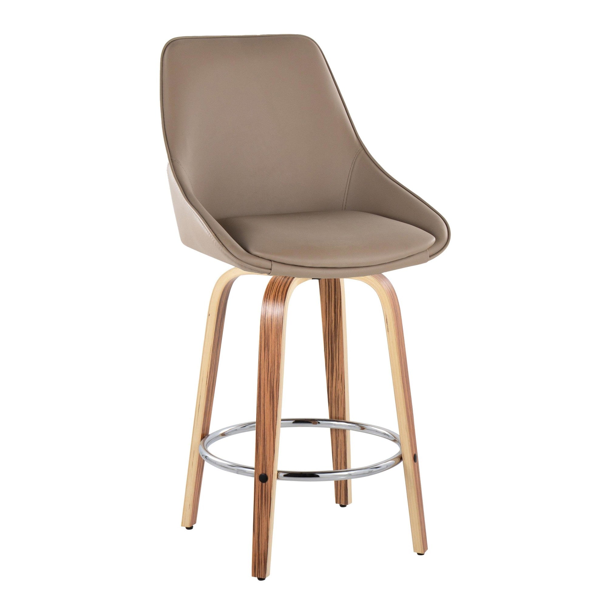 Diana 26" Fixed-Height Counter Stool - Set of 2 - Zebra Wood, Brown PU, Chrome Metal