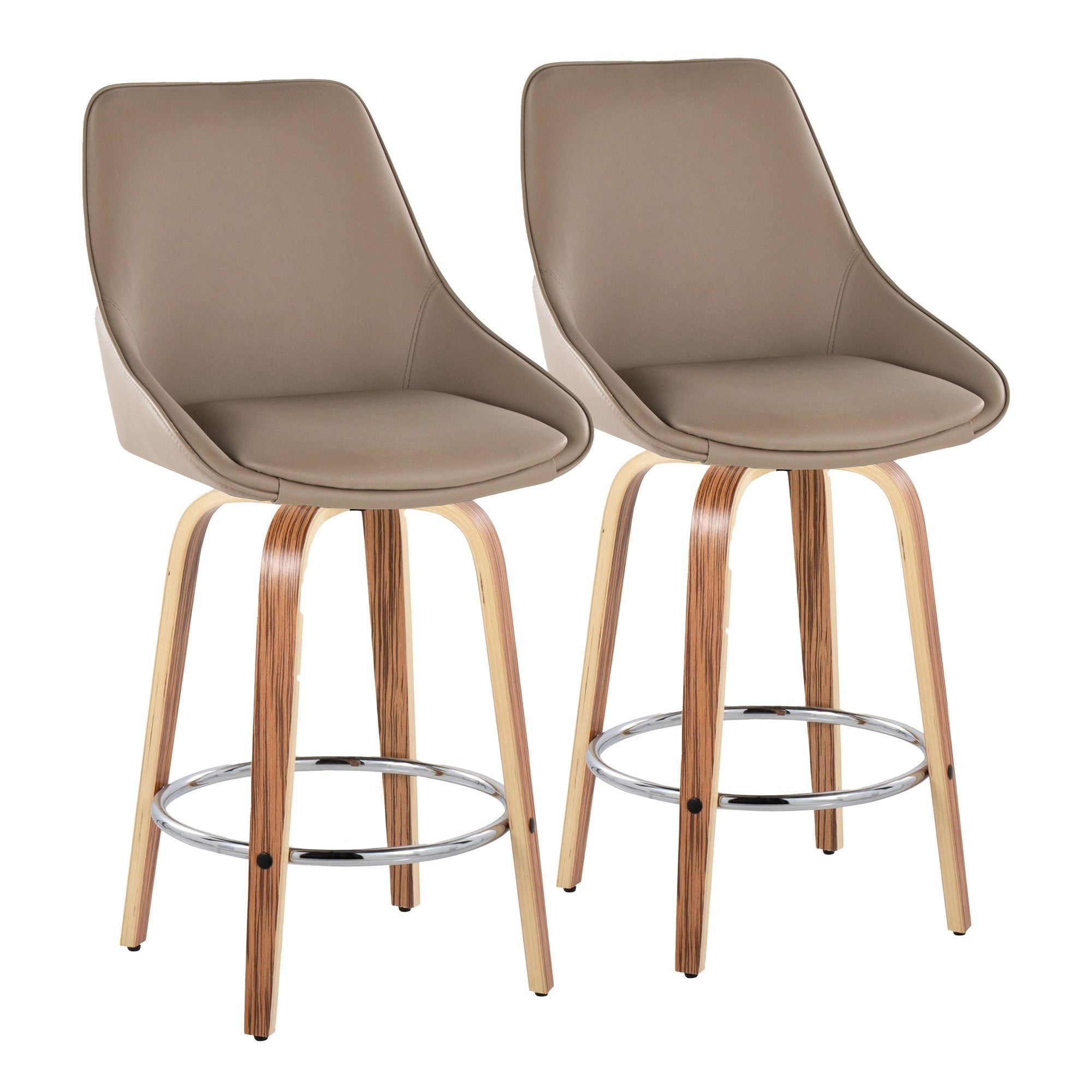Diana 26" Fixed-Height Counter Stool - Set of 2 - Zebra Wood, Brown PU, Chrome Metal