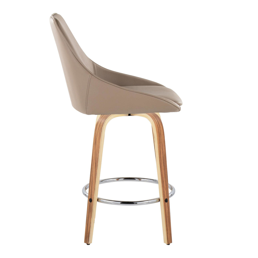 Diana 26" Fixed-Height Counter Stool - Set of 2 - Zebra Wood, Brown PU, Chrome Metal