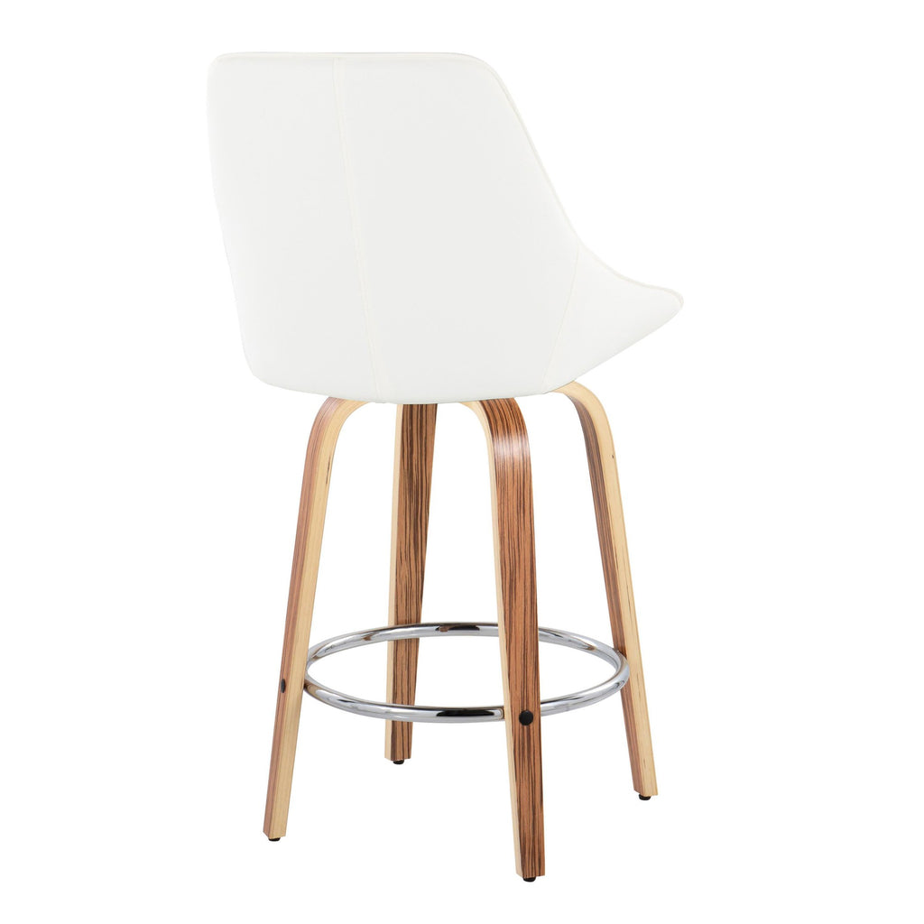 Diana 26" Fixed-Height Counter Stool - Set of 2 - Zebra Wood, White PU, Chrome Metal