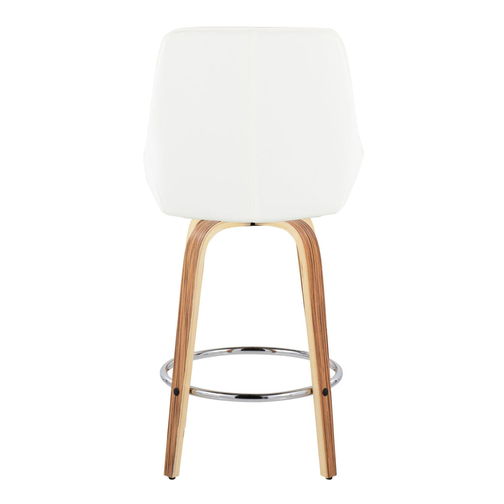 Diana 26" Fixed-Height Counter Stool - Set of 2 - Zebra Wood, White PU, Chrome Metal