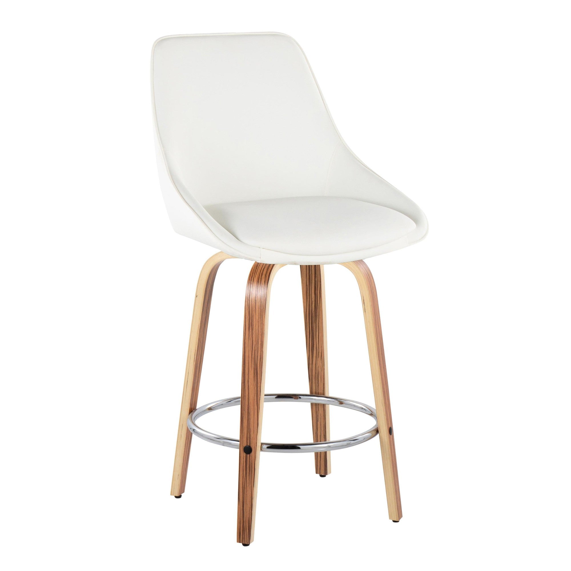 Diana 26" Fixed-Height Counter Stool - Set of 2 - Zebra Wood, White PU, Chrome Metal