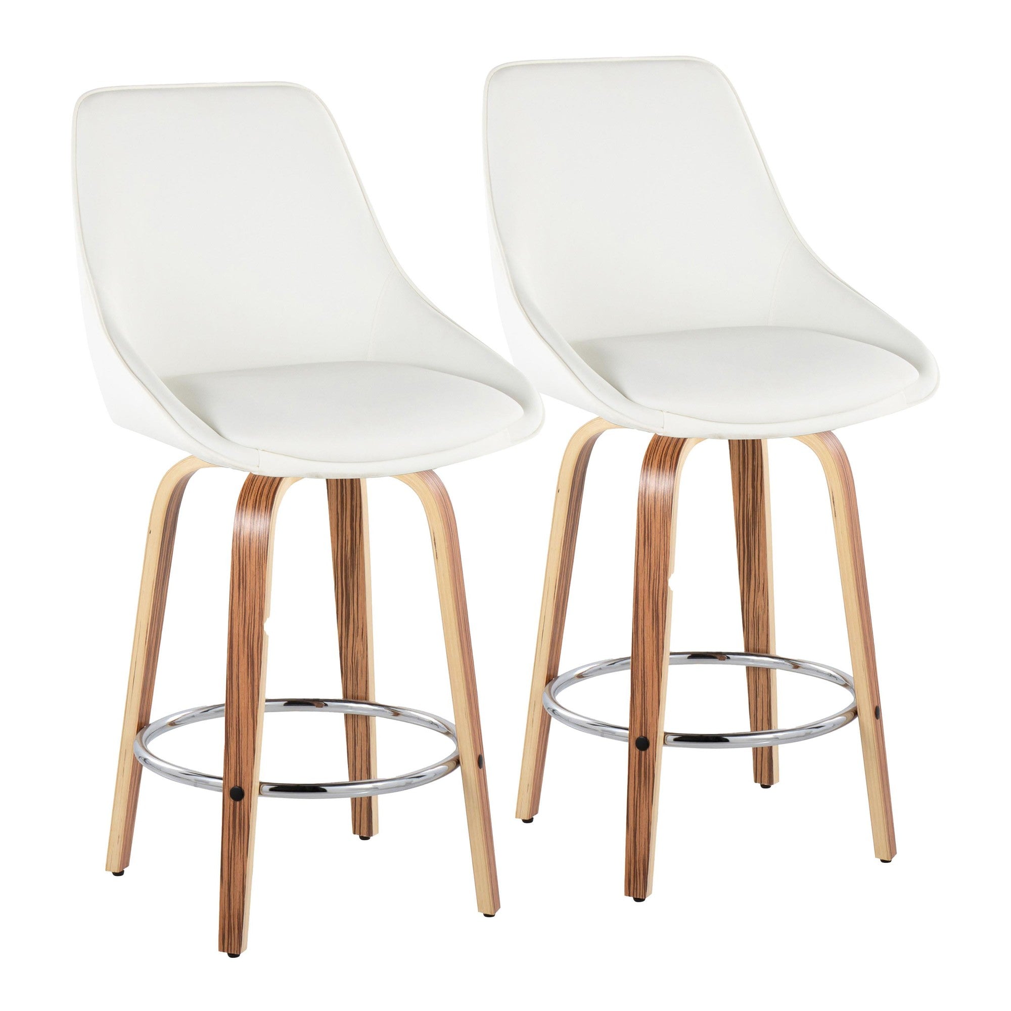 Diana 26" Fixed-Height Counter Stool - Set of 2 - Zebra Wood, White PU, Chrome Metal