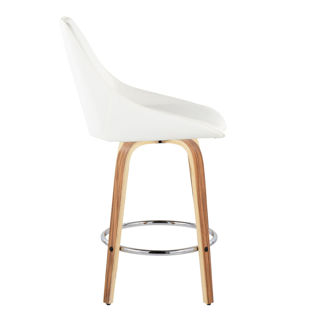 Diana 26" Fixed-Height Counter Stool - Set of 2 - Zebra Wood, White PU, Chrome Metal