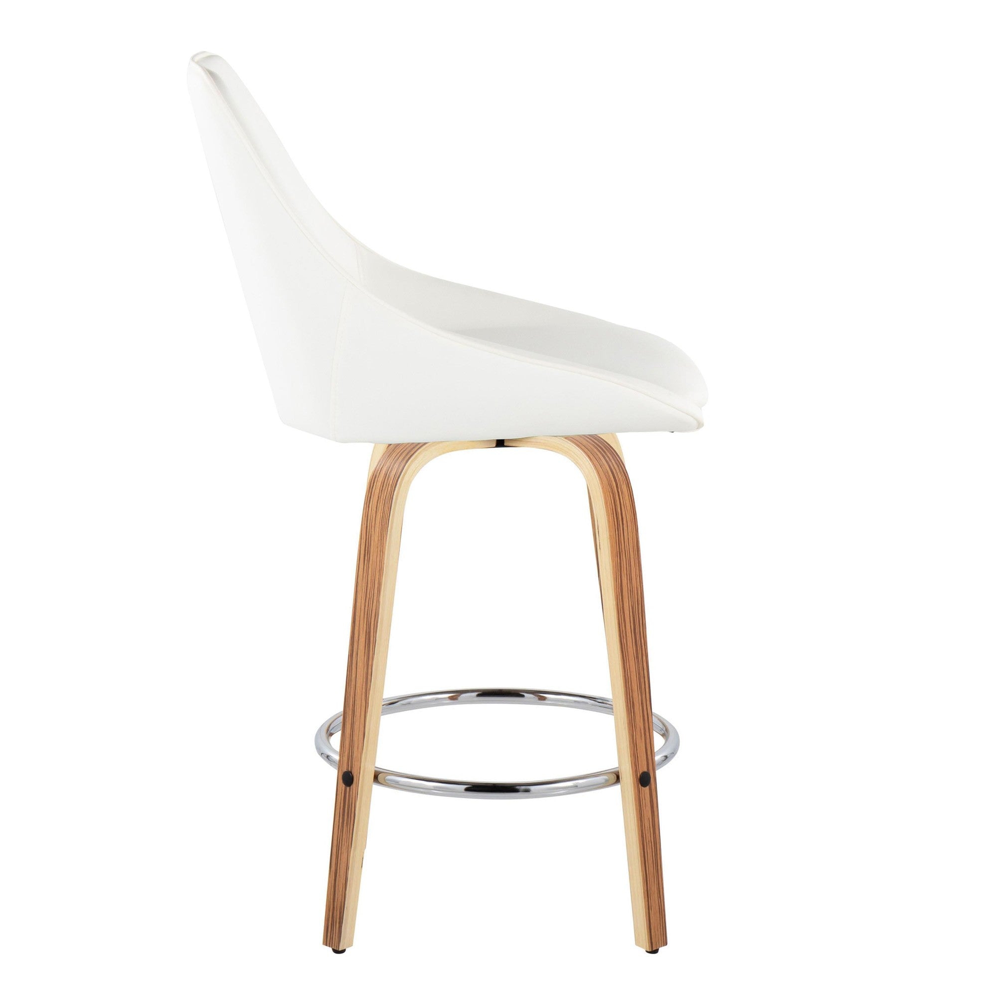 Diana 26" Fixed-Height Counter Stool - Set of 2 - Zebra Wood, White PU, Chrome Metal