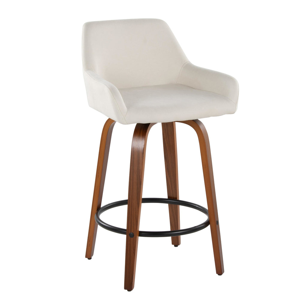 Daniella 26" Fixed-Height Counter Stool - Set of 2 - Walnut Wood, Black Metal, Cream Fabric