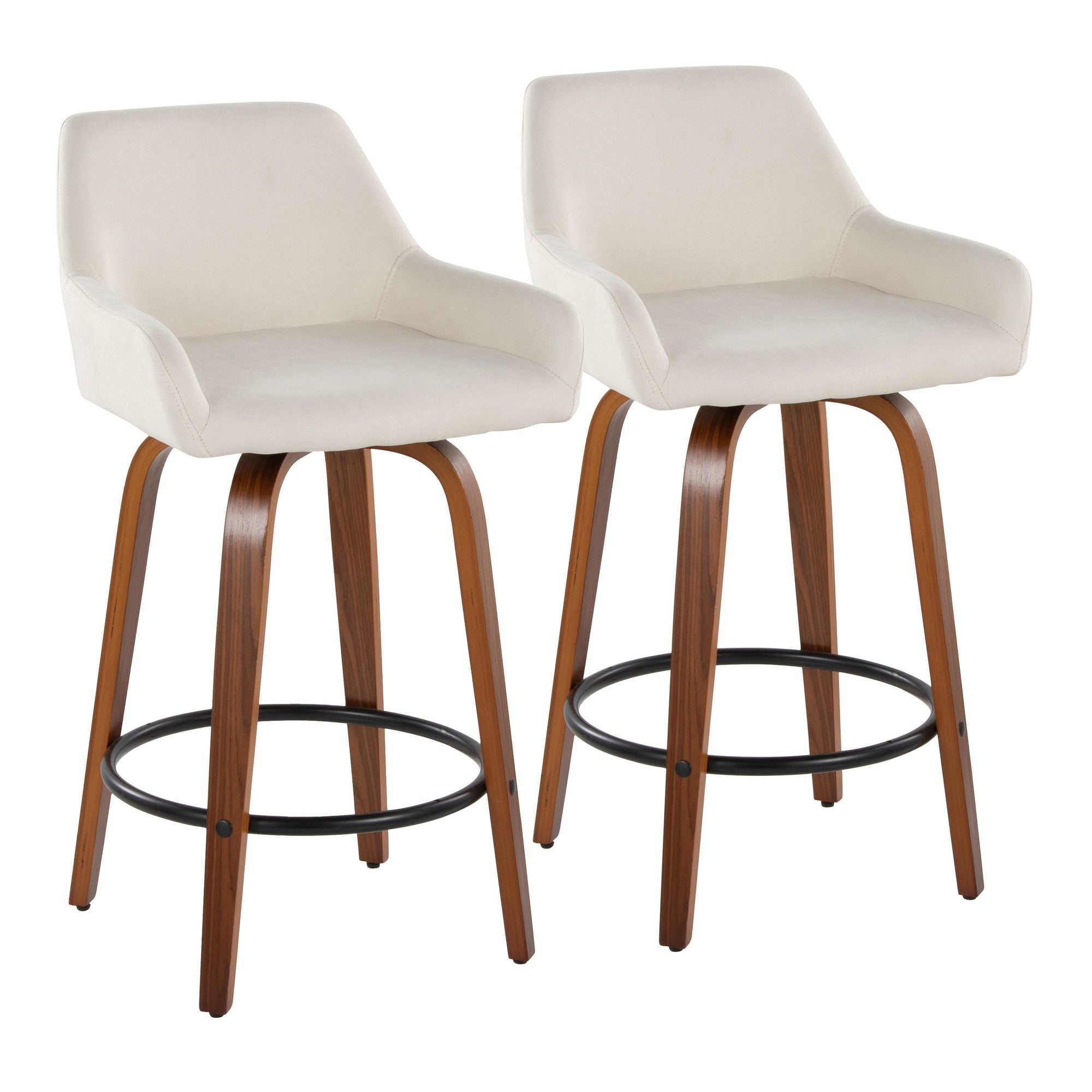 Daniella 26" Fixed-Height Counter Stool - Set of 2 - Walnut Wood, Black Metal, Cream Fabric