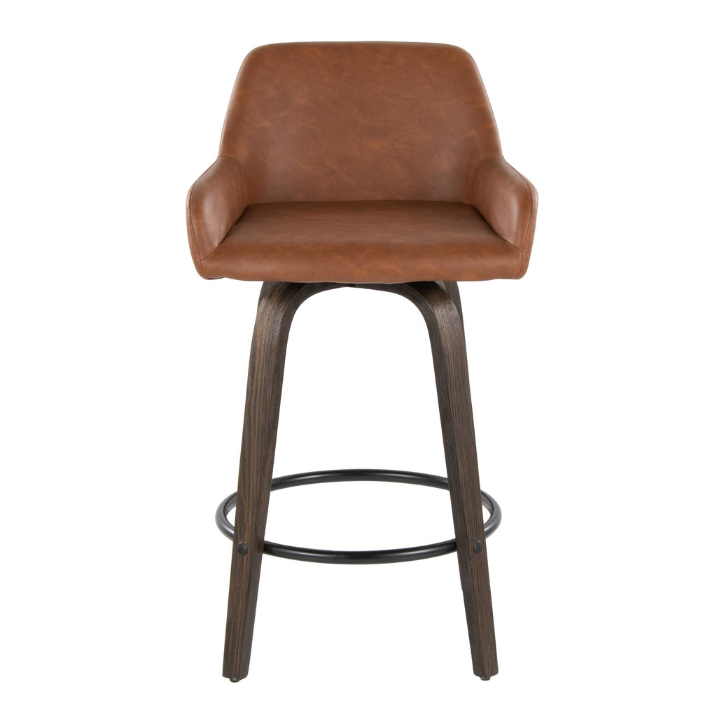 Daniella 26" Fixed-Height Counter Stool - Set of 2 - Walnut Glazed Wood, Black Metal, Camel PU