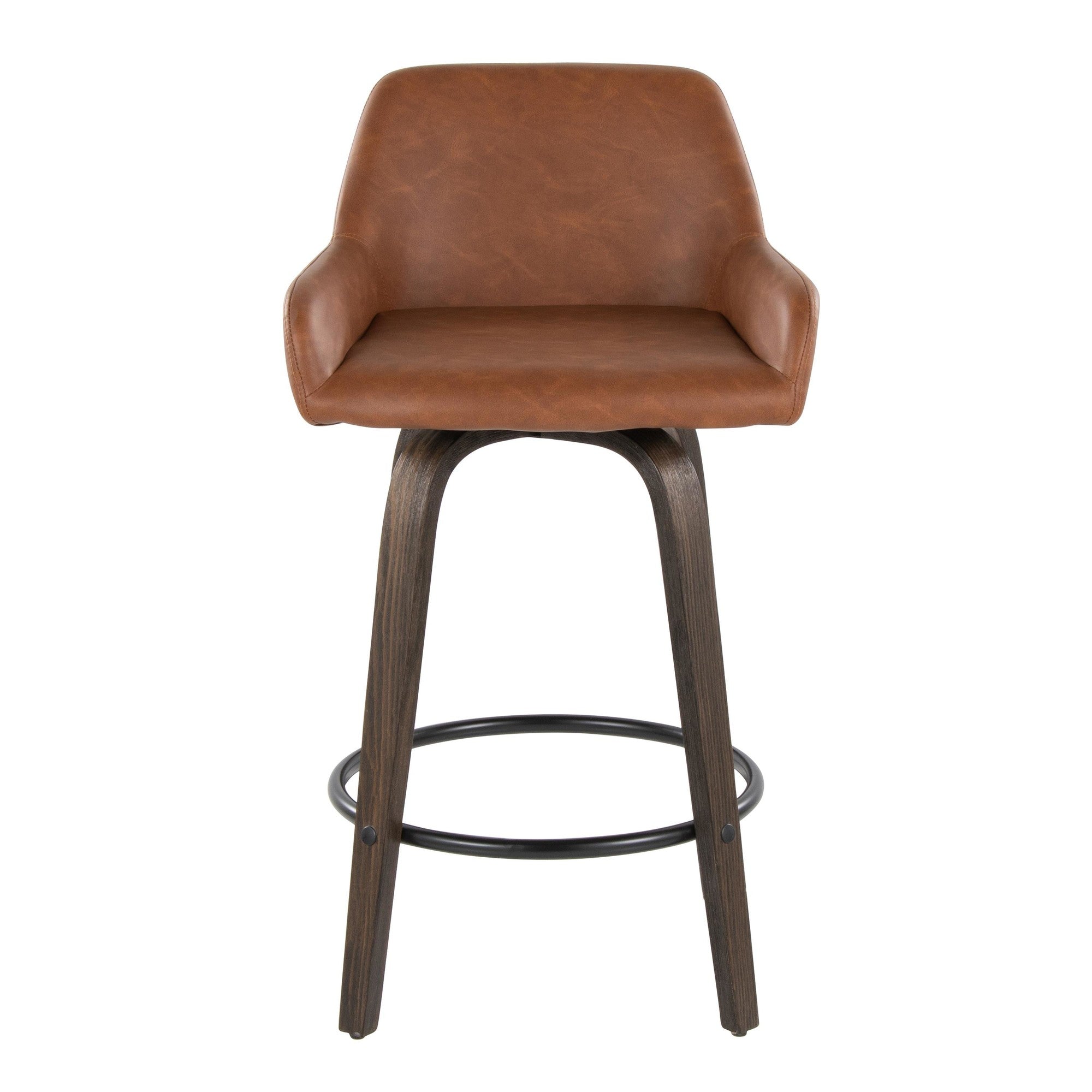 Daniella 26" Fixed-Height Counter Stool - Set of 2 - Walnut Glazed Wood, Black Metal, Camel PU