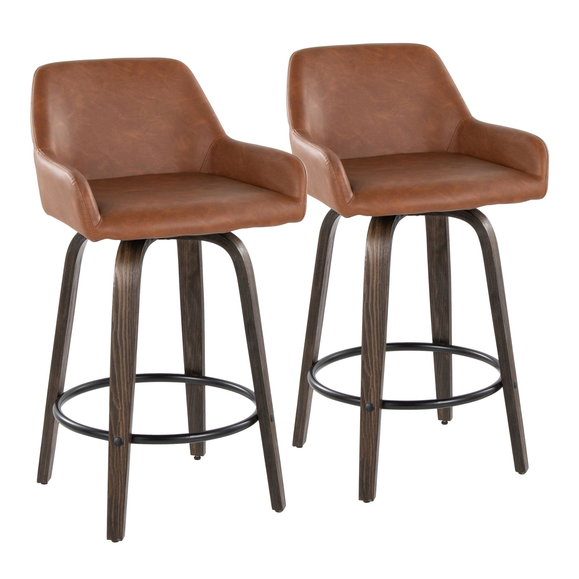 Daniella 26" Fixed-Height Counter Stool - Set of 2 - Walnut Glazed Wood, Black Metal, Camel PU