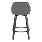 Daniella 26" Fixed-Height Counter Stool - Set of 2 - Walnut Glazed Wood, Black Metal, Grey PU