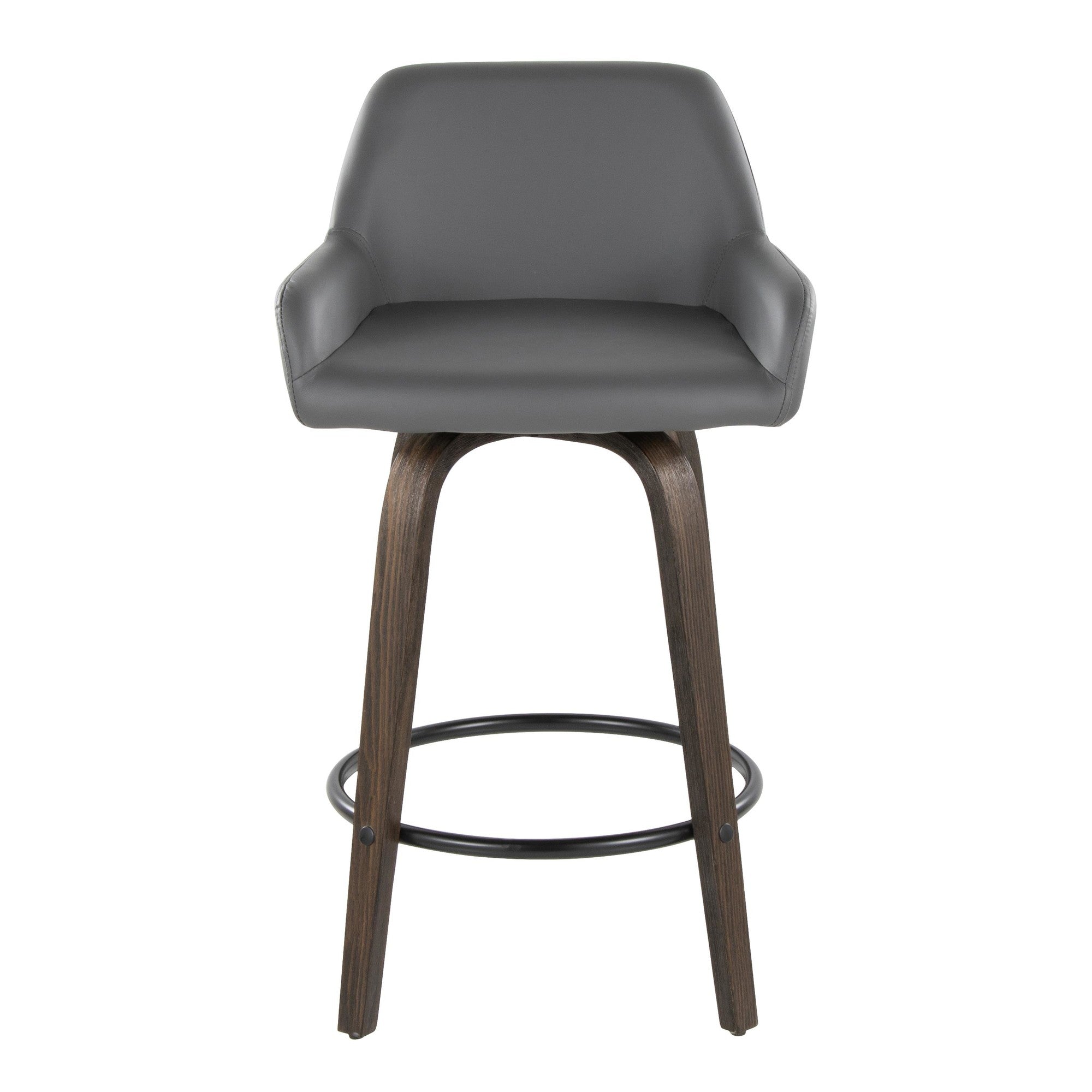 Daniella 26" Fixed-Height Counter Stool - Set of 2 - Walnut Glazed Wood, Black Metal, Grey PU
