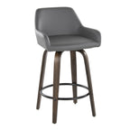 Daniella 26" Fixed-Height Counter Stool - Set of 2 - Walnut Glazed Wood, Black Metal, Grey PU
