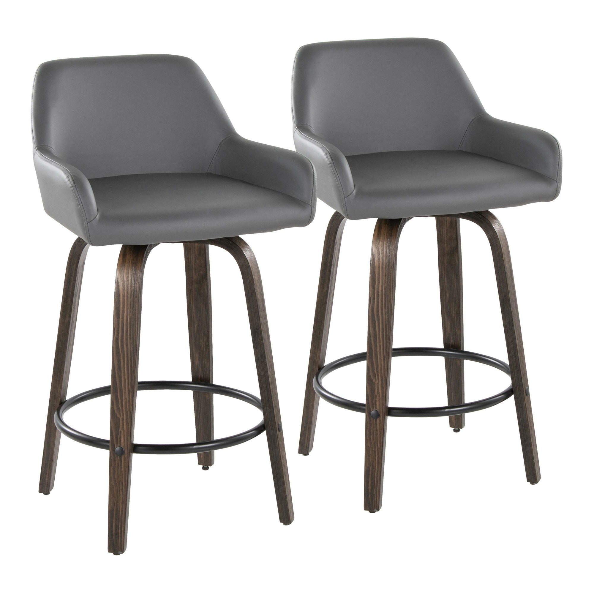 Daniella 26" Fixed-Height Counter Stool - Set of 2 - Walnut Glazed Wood, Black Metal, Grey PU