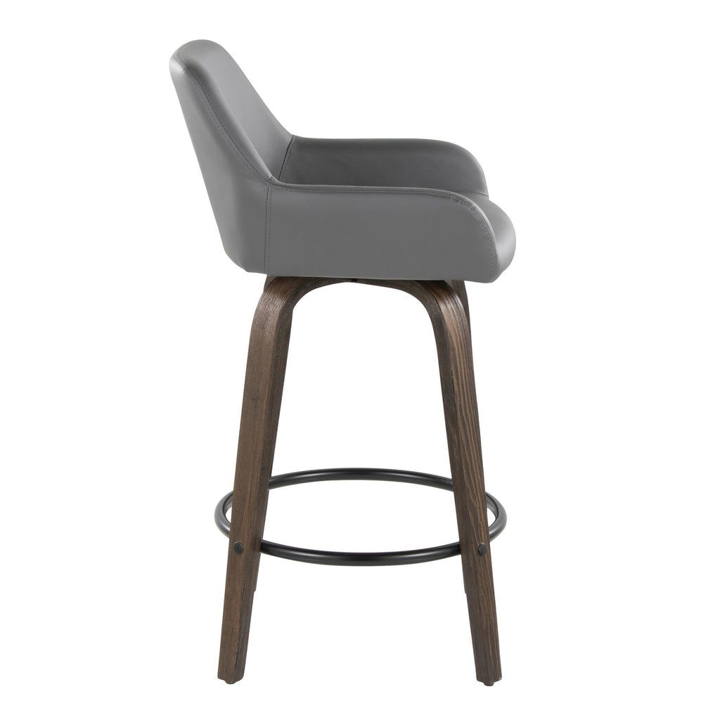 Daniella 26" Fixed-Height Counter Stool - Set of 2 - Walnut Glazed Wood, Black Metal, Grey PU