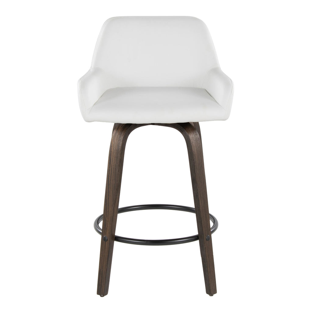 Daniella 26" Fixed-Height Counter Stool - Set of 2 - Walnut Glazed Wood, Black Metal, White PU
